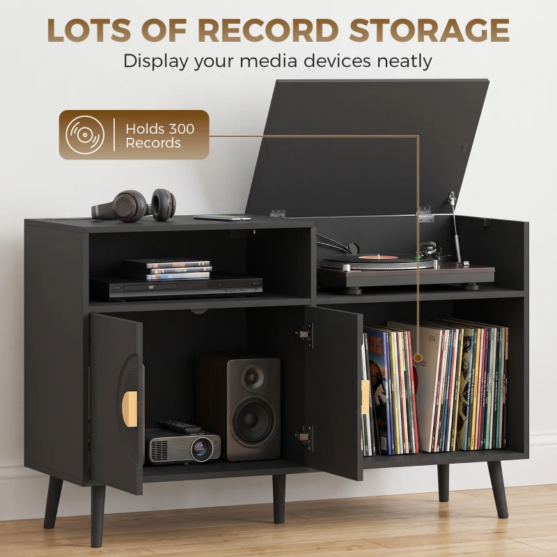 HOMCOM Record Player Stand with Power Outlets, Vinyl Record Holder with Storage Holds Up to 300 Albums, Black