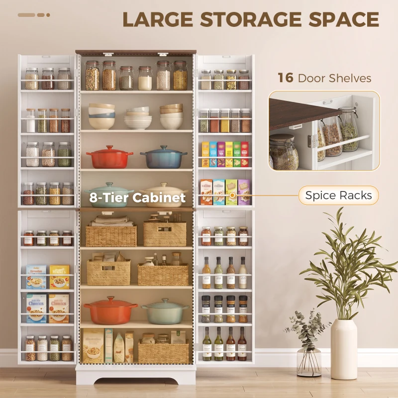 HOMCOM 65" Kitchen Pantry Cabinet Adjustable Shelves Tall Storage Cabinet Door Shelves 8 Shelves Brown White