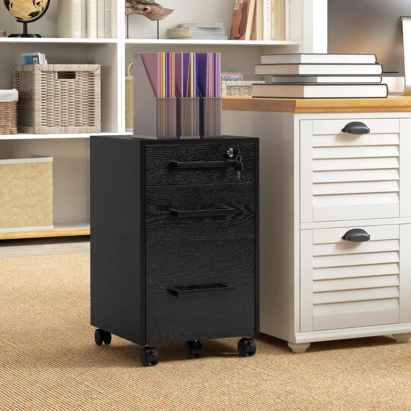 HOMCOM Lockable Vertical File Cabinet with Lock, 3 Drawer Filing Cabinet with Hanging Bars for Letter and A4 Size, Black