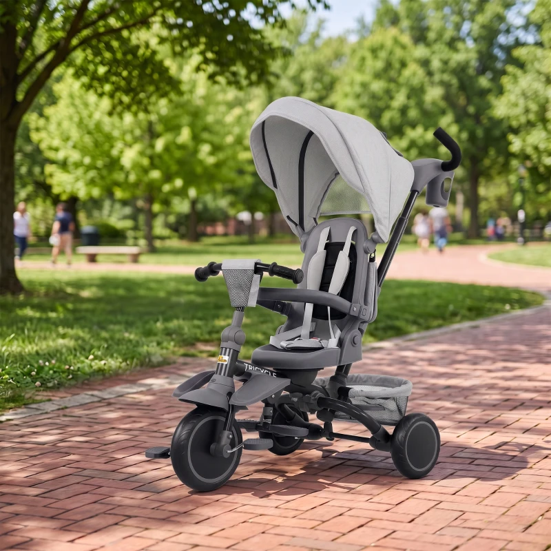 Qaba 6 in 1 Kids Tricycle with Adjustable Push Handle, Removable Canopy, Reversible Seat, for 1-5 Years, Gray