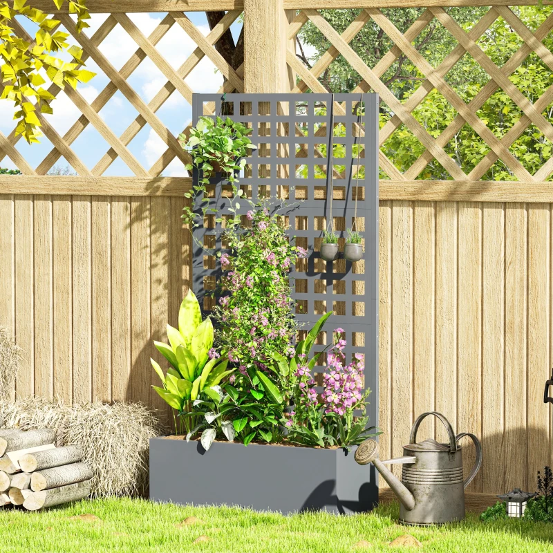 Outsunny Galvanized Raised Garden Bed Planter Box with Trellis for Climbing Plant, Vegetable, Vine, 35"x16"x70" Grey Wood Effect