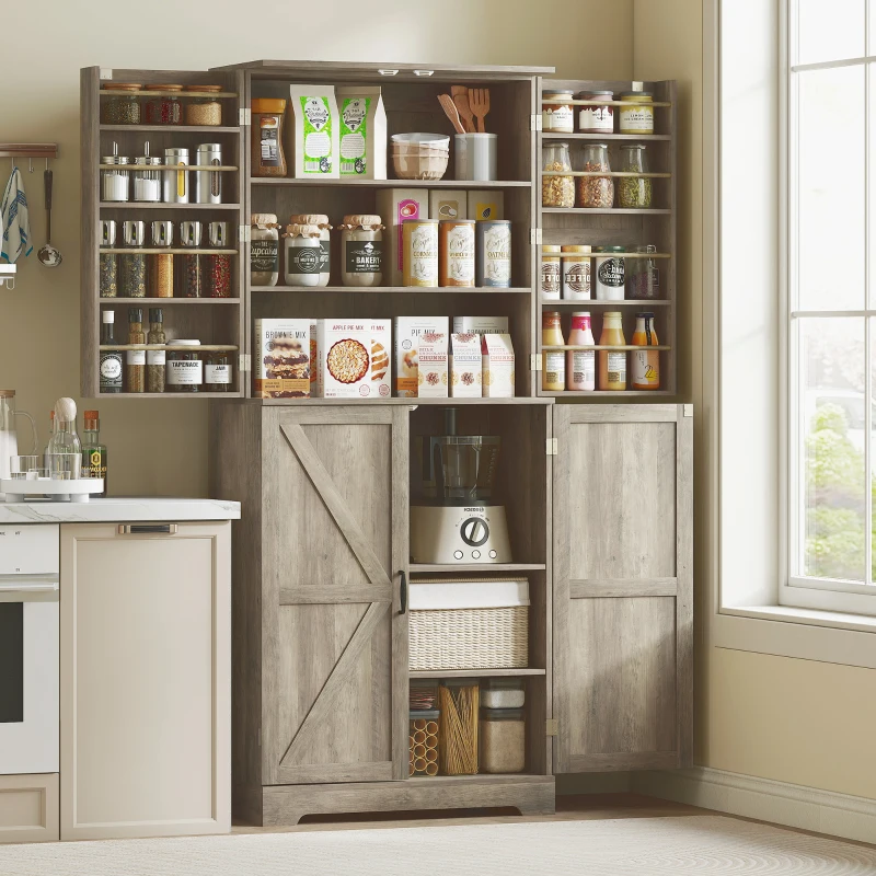 HOMCOM Farmhouse Kitchen Pantry, 72" Tall Pantry Cabinet with 4 Barn Doors, 4 Adjustable Shelves and 8 Door Shelves, Gray Wash