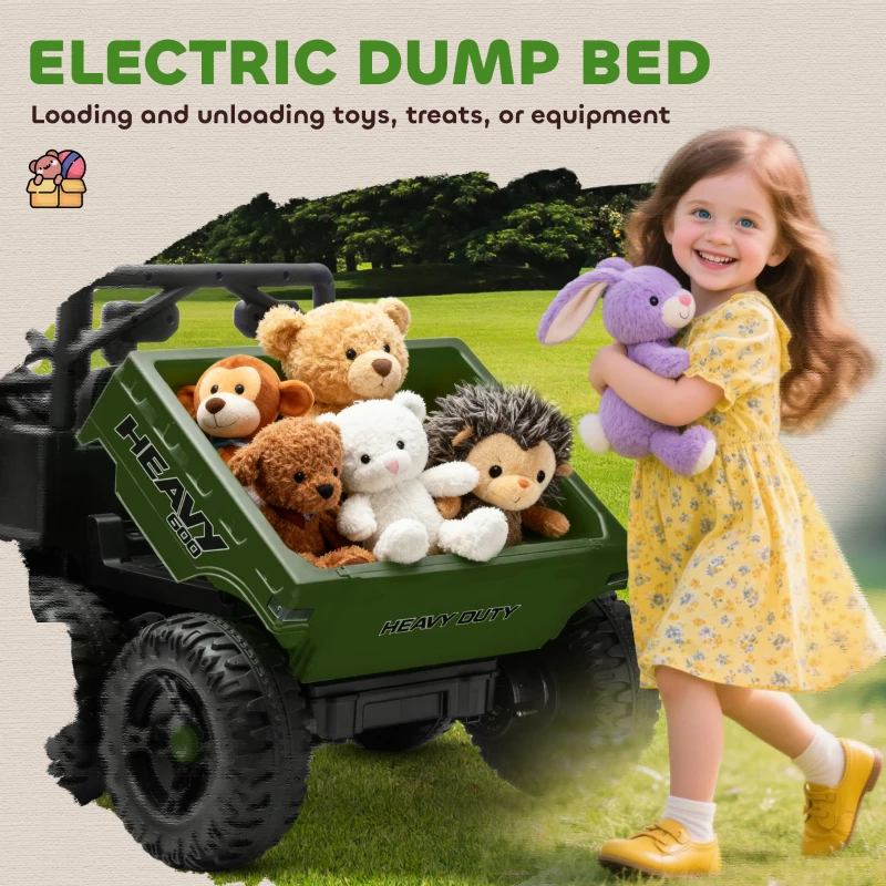 Qaba 24V 4WD Kids Ride On Car with 6 Wheels, Electric Ride On Car with Dump Bed, Remote for 3-6 Years, Green