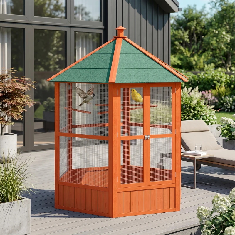 PawHut 69" Wooden Hexagonal Outdoor Aviary Flight Bird Cage With Covered Roof, Brown(m-10)