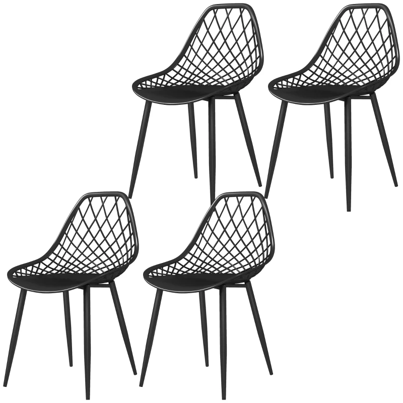 HOMCOM Modern Dining Chairs Set of 4, Plastic Kitchen Chairs with Hollow Backrest and Metal Legs for Living Dining Room, Black