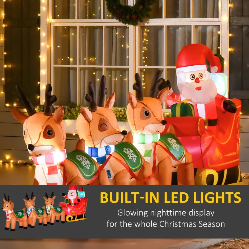 HOMCOM 4.5ft Christmas Decoration with Santa Claus on Sleigh and 3 Deer Inflatable Santa Decor Built-in LED Lights Blow UP Decoration for Holiday Yard