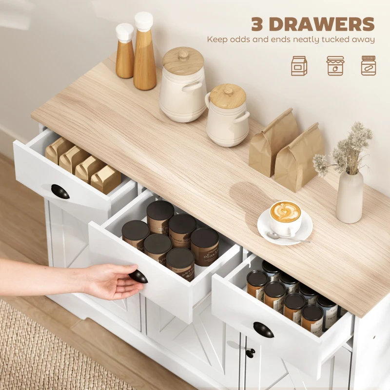 HOMCOM 46.5" Buffet Cabinet, Farmhouse Sideboard with 3 Barn Doors and 3 Drawers for Living Room, Kitchen, White