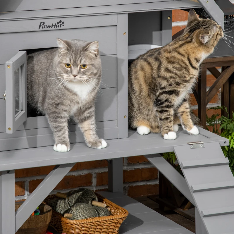 PawHut Wooden Cat House Outdoor with Escape Door, Weatherproof 3-Floor Cat Shelter for 1-2 Feral Cats with Asphalt Roof, Balcony, Stair, Gray
