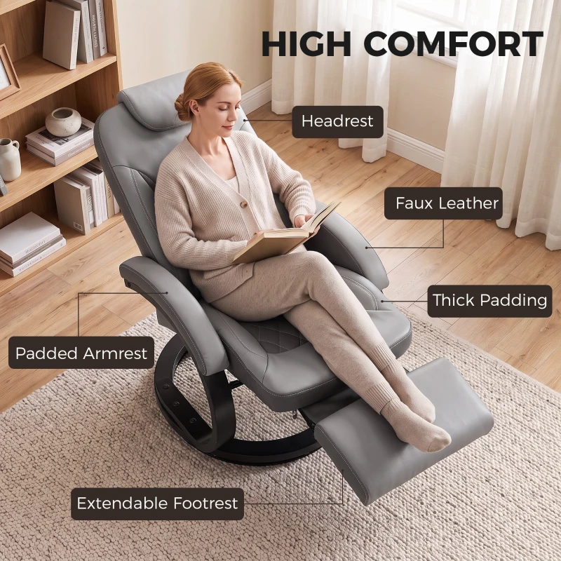 HOMCOM Faux Leather Manual Recliner, Swivel Lounge Chair with Adjustable Backrest, Footrest and Round Base, Gray