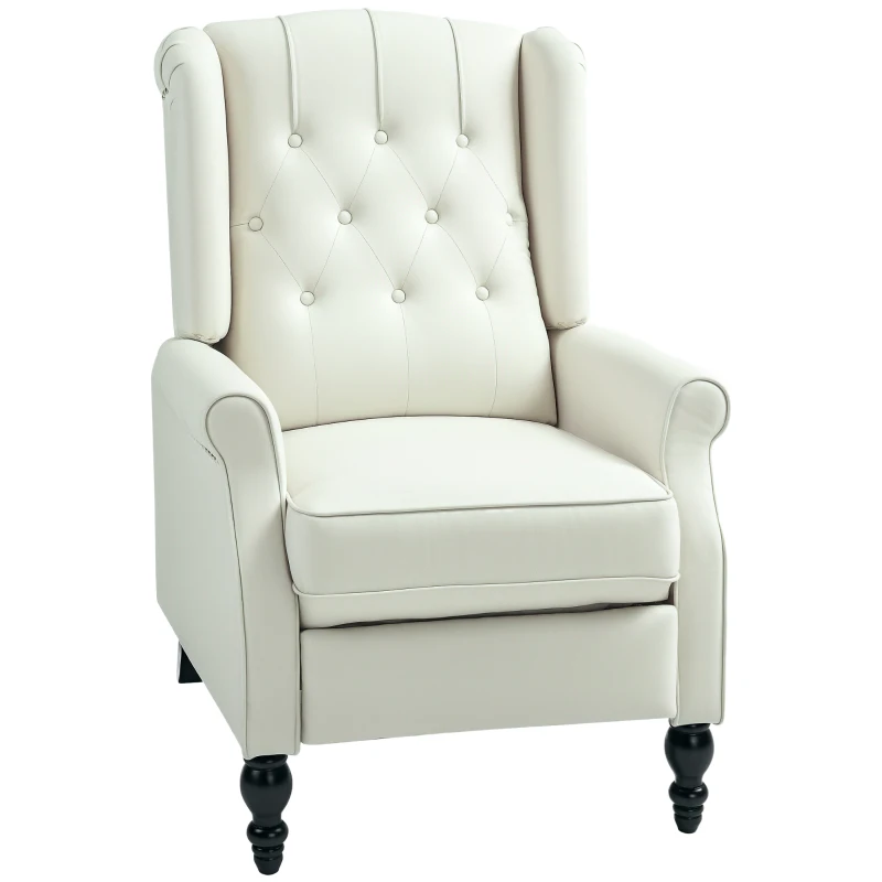 HOMCOM Wingback Reclining Chair with Footrest, Button Tufted Recliner Chair with Rolled Armrests for Living Room, Cream White