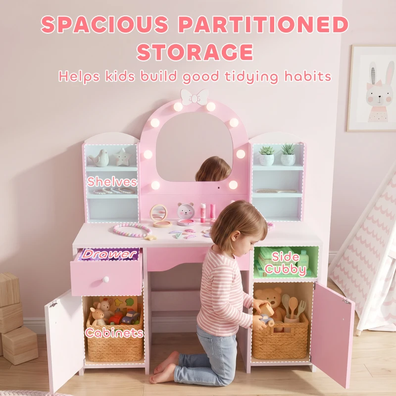 Qaba Kids Vanity Set, Toddler Dressing Table and Chair Set  with Lighted Bow Mirror, Cabinet, Drawer and Shelves, Pink