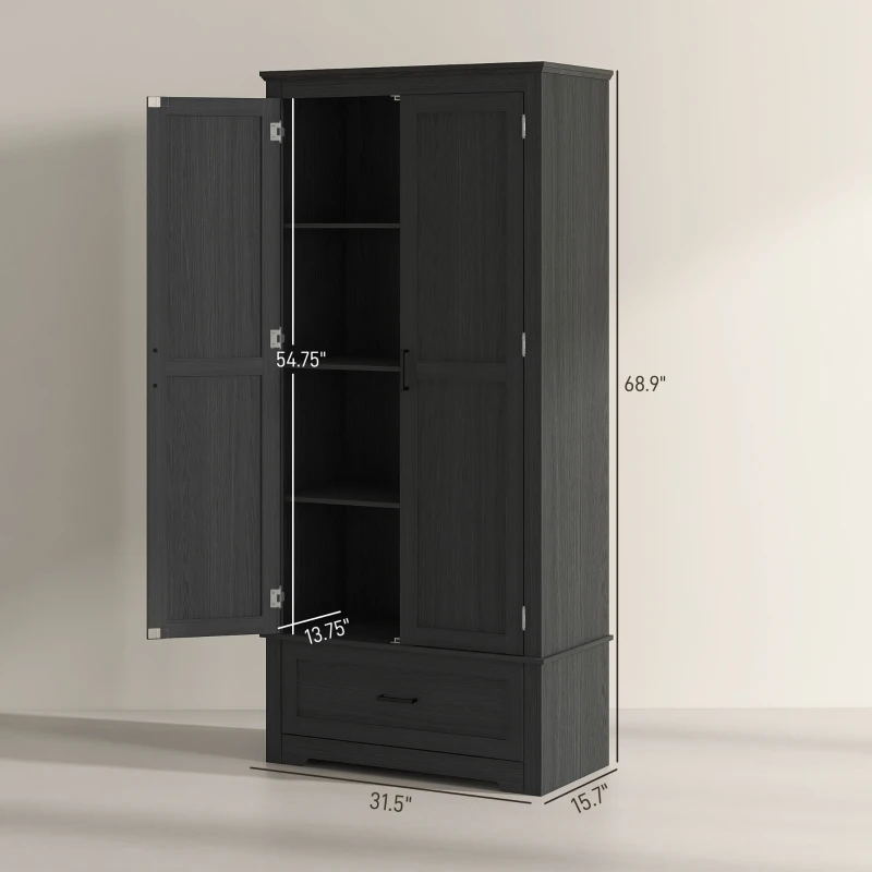 HOMCOM 69" Tall Farmhouse Kitchen Pantry Cabinet with 2 Doors, Drawer and Adjustable Shelves for Dining Room, Black