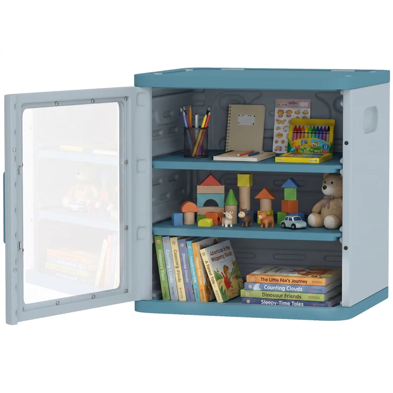 Qaba Toy Storage Organizer, 3 Tier Adjustable Toy Storage Cabinet Dustproof HDPE Plastic, Transparent Door, Light Blue