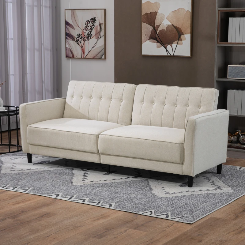 HOMCOM Convertible Bed with Couch, Button Tufted Fabric Sofa Bed with Adjustable Back for Living Room, Beige