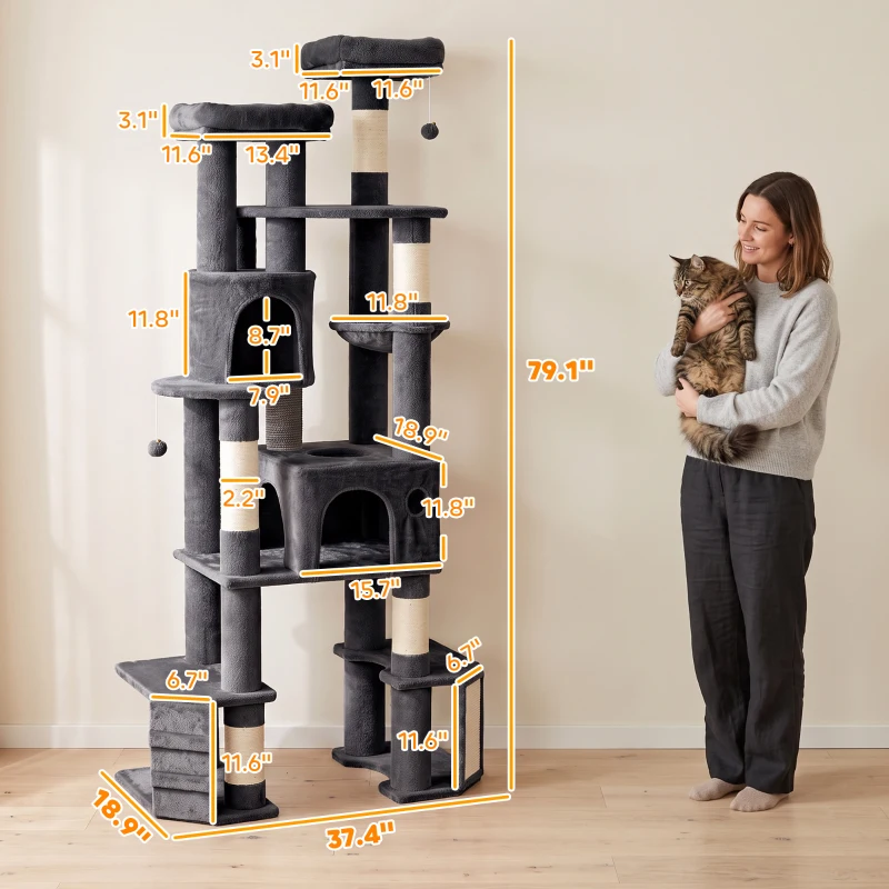 PawHut 79" Extra Large Cat Tree Tower with Dual Baseboard for Large Adult Big Cats, Dark Gray