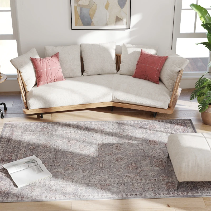 HOMCOM Machine Washable Area Rug 5x7, Non-Slip Traditional Flower Print Floor Carpet for Living Room, Bedroom, Grey and Brown
