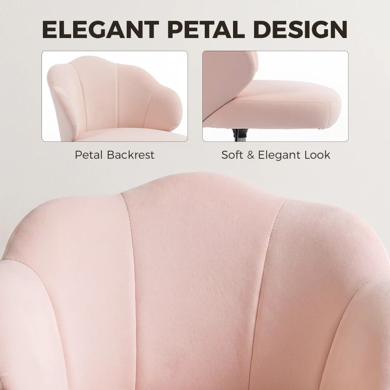HOMCOM Task Desk Chair, Petal Office Chair with Swivel Wheels with Wide Seat, Velvet, Adjustable Height, Pink