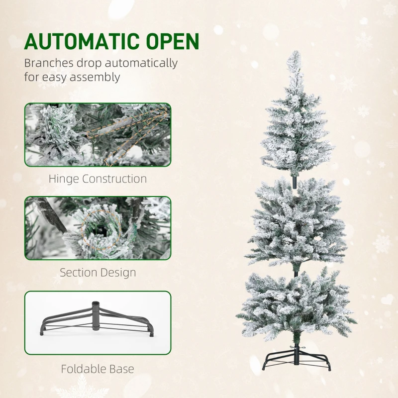 HOMCOM 5ft Flocked Christmas Tree with Dual Colour LED Light, Pencil Hinged Xmas Tree with 11 Light Modes, Easy Assembly