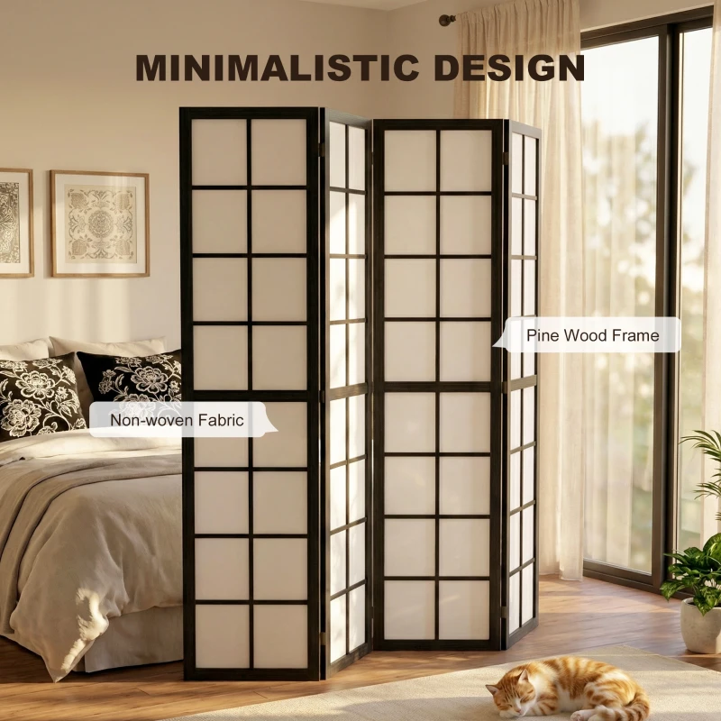 HOMCOM 4 Panel Room Divider, 5.6 ft Folding Wall Divider Room Partition for Home Office, Bedroom, Living Room, Black