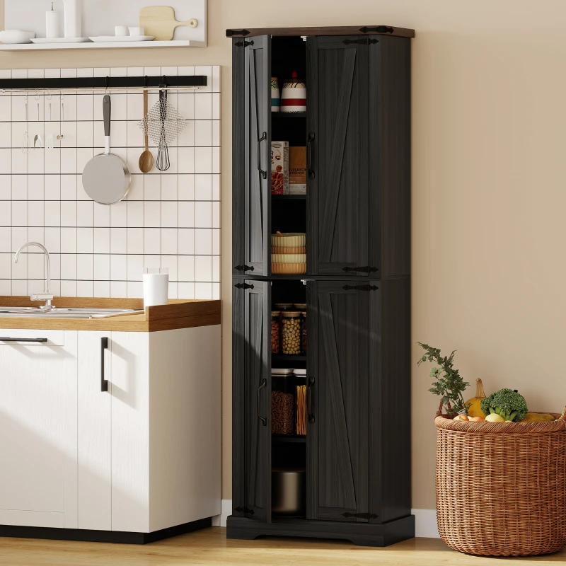 HOMCOM 72" Pantry Cabinet, Farmhouse Freestanding Kitchen Storage Cabinet with Adjustable Shelves for Dining Room, Black