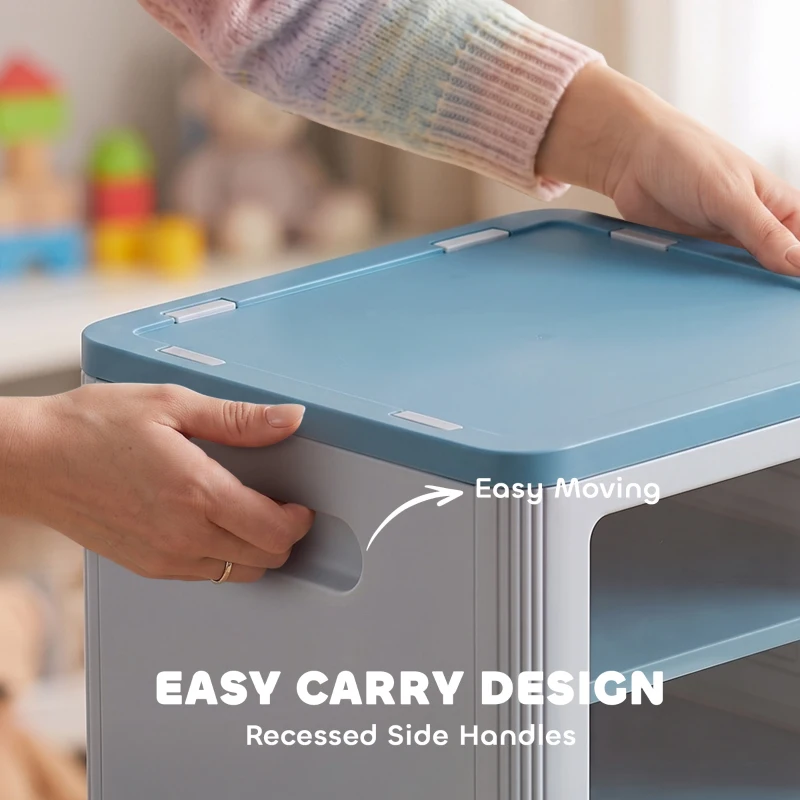 Qaba Toy Storage Organizer, 3 Tier Adjustable Toy Storage Cabinet Dustproof HDPE Plastic, Transparent Door, Light Blue