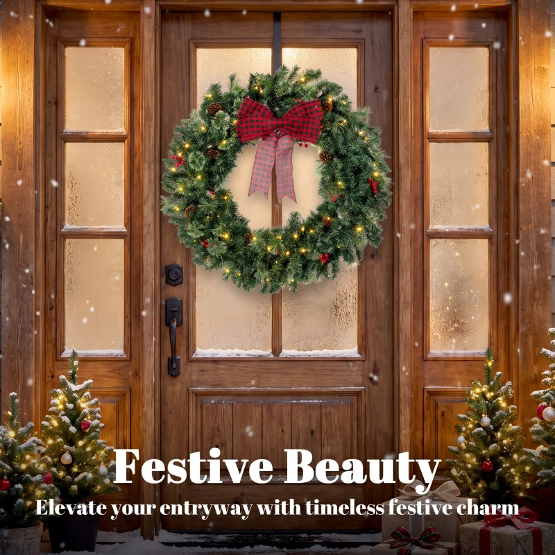HOMCOM 36" Prelit Crestwood Spruce Artificial Christmas Wreath, Christmas Decor with Bow, 8 Modes, Red Berries, Pinecones