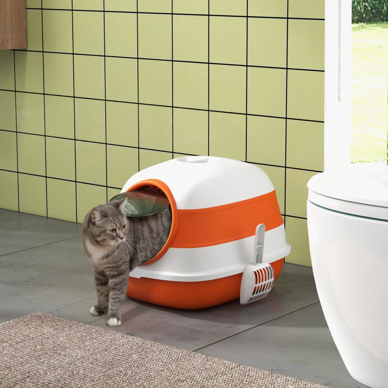 PawHut Dome Covered Cat Litter Box with Lid, White and Orange