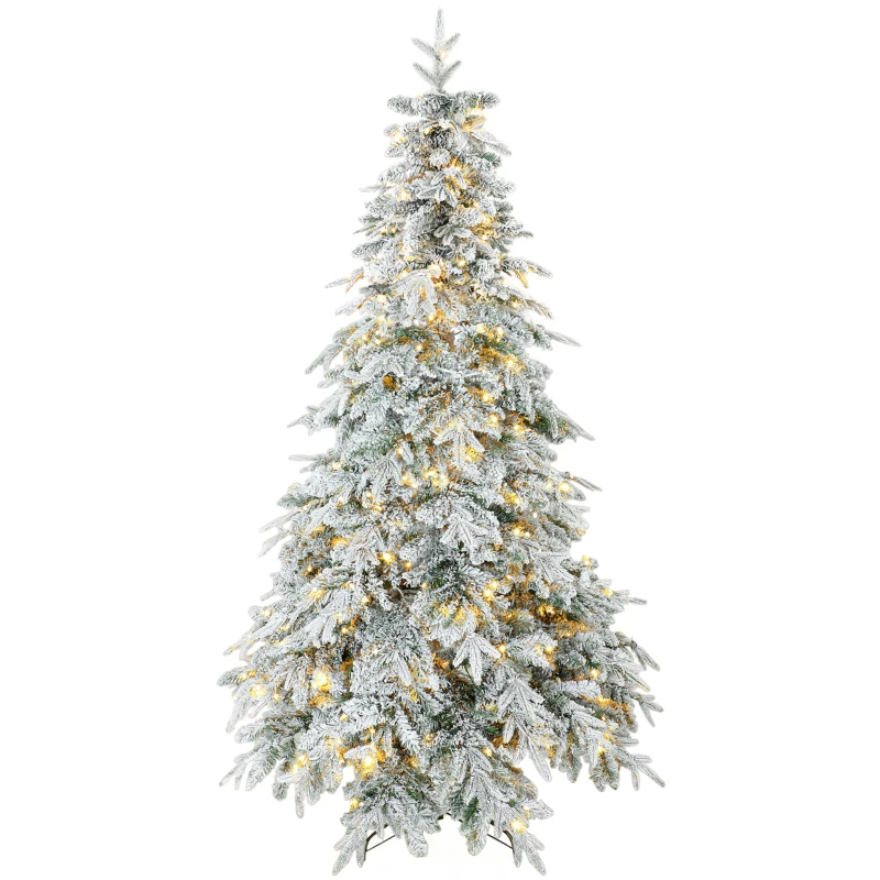 HOMCOM 6ft Prelit Flocked Christmas Tree, Downswept Hinged Xmas Tree with LED Lights, 8 Modes, Daily Timer, Remote