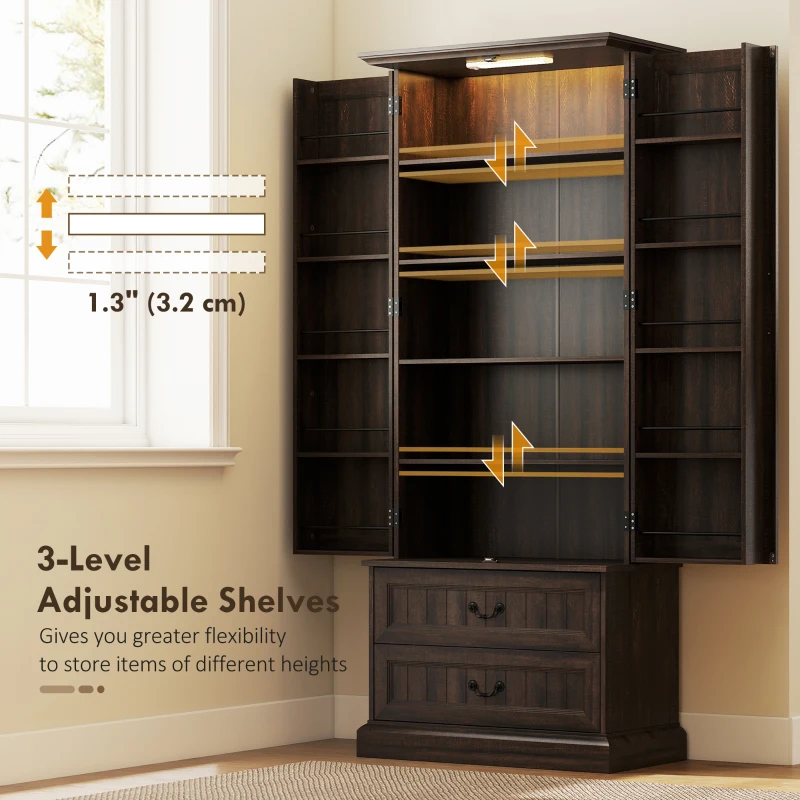 HOMCOM 72" LED Kitchen Pantry Cabinet, Buffet Storage Cabinet with 10 Door Shelves, 2 Drawers and Adjustable Shelves, Brown