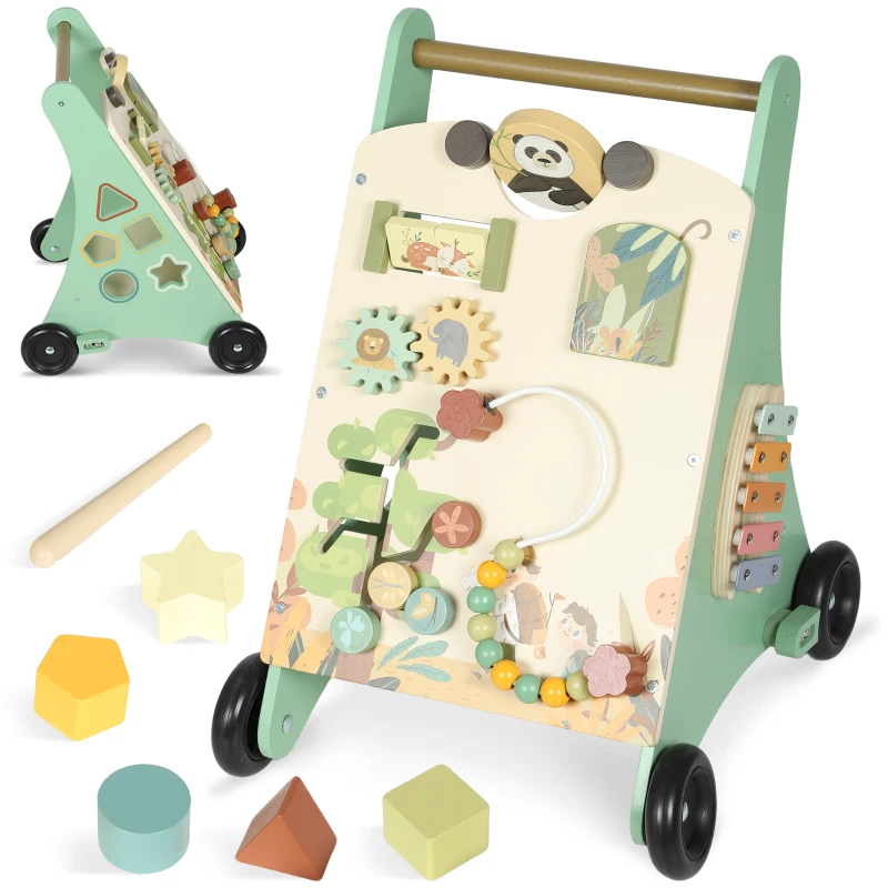 Qaba Wooden Baby Walker, Push Along Walker Toys with Speed Control, Xylophone, gears and Bead Maze, Green