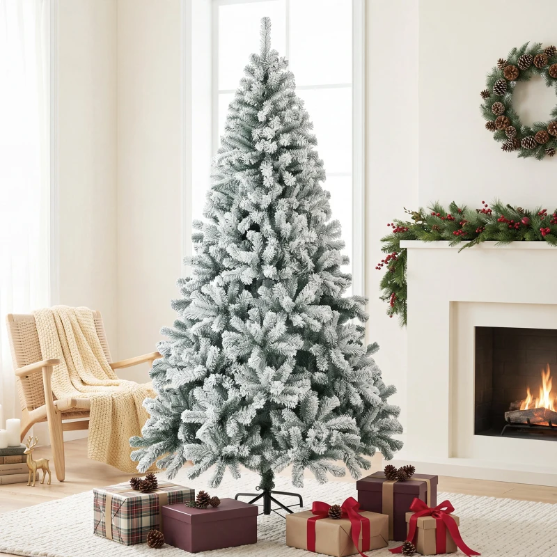 HOMCOM 7ft Snow Flocked Christmas Tree with 1000 Branch Tips, Hinged Design, Artificial Fir Xmas Tree, Green and White