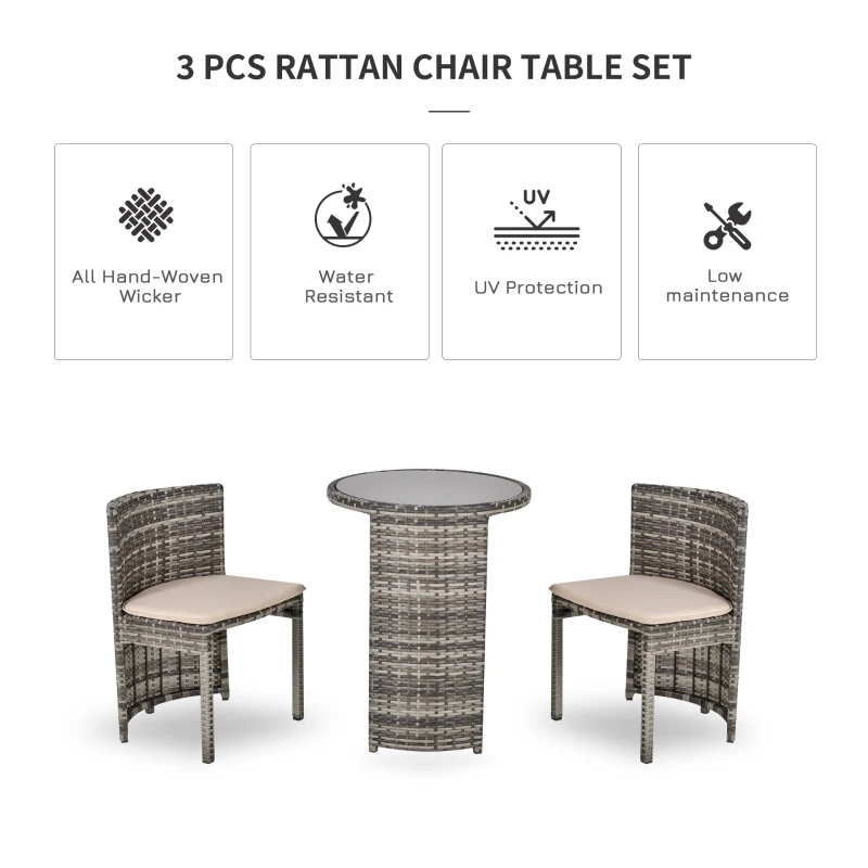 Outsunny 3 PCS Outdoor Rattan Wicker Bistro Set with Storage Shelf, Glass Top Table, Soft Cushioned Chairs and Space Saving Design, Patio Conversation Set for Garden Backyard Porch, Grey