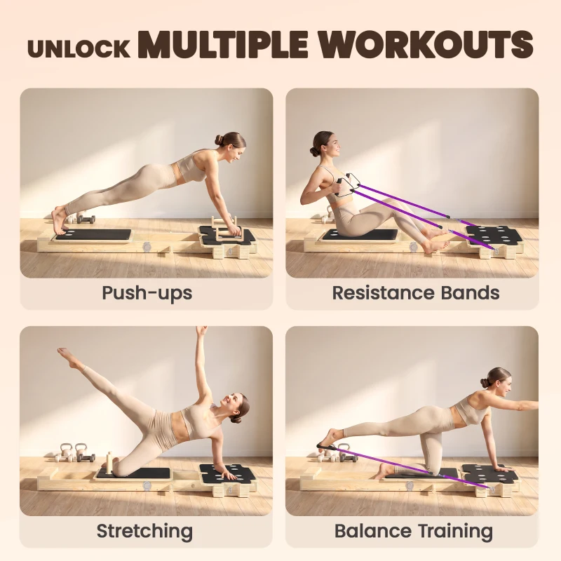 Soozier Foldable Pilates Reformer Machine, Multifunctional Pilates Board with Resistance Bands and Multi-Grips for Home Gym