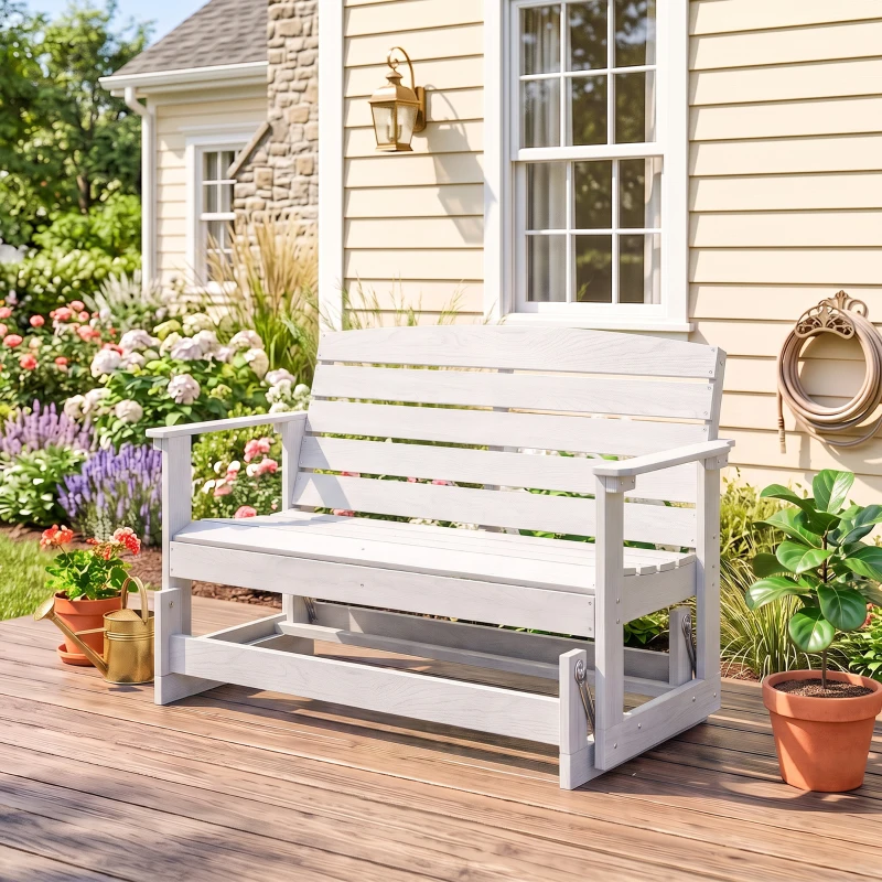 Outsunny Patio Glider Bench w/ HDPE Slatted Double Rocking Chair, Distressed White