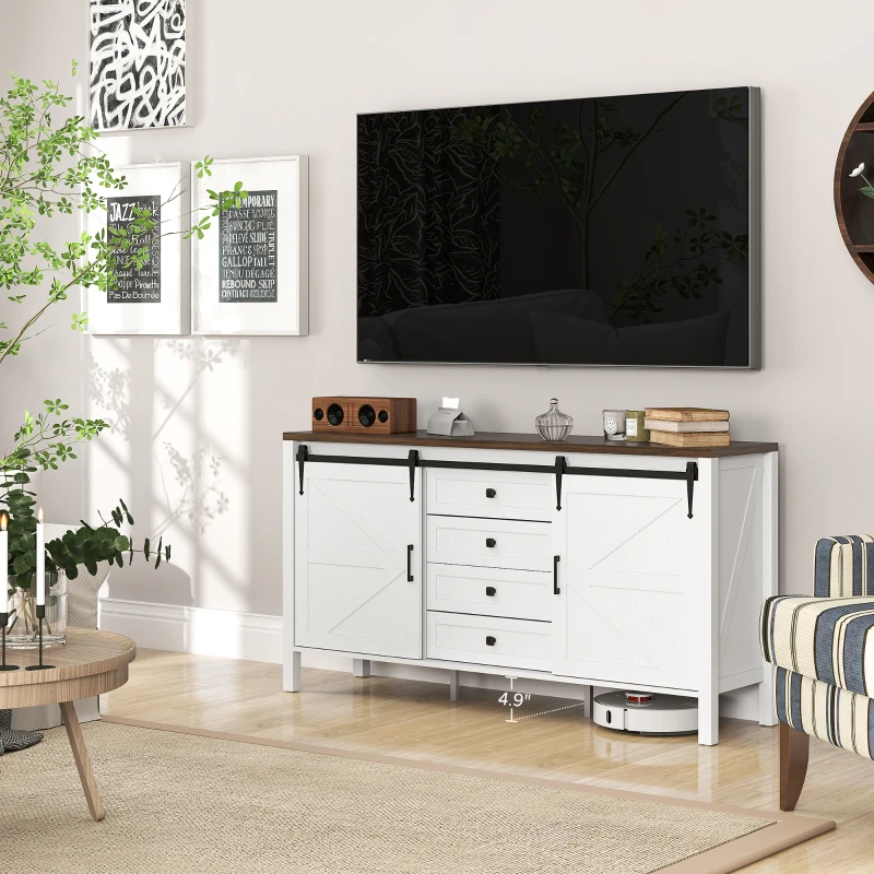 HOMCOM 59" Buffet Cabinet, Farmhouse Sideboard with Thick Top, 2 Barn Doors, 4 Drawers and 2 Adjustable Shelves, White