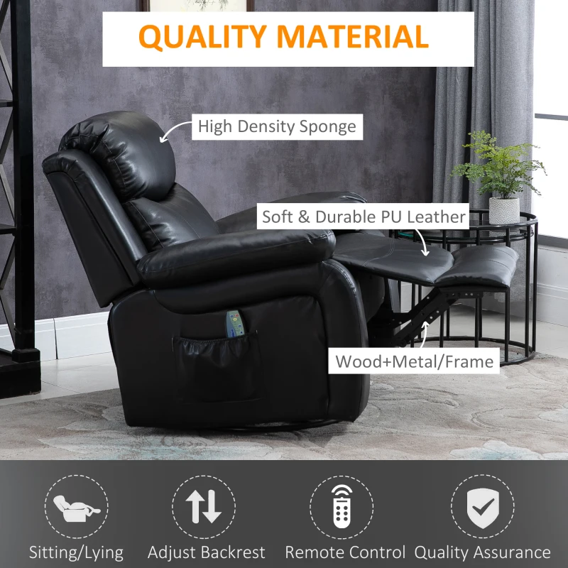 HOMCOM Deluxe Manual Recliner Electronic Massage Sofa Recliner Chair Leather Lounge Black