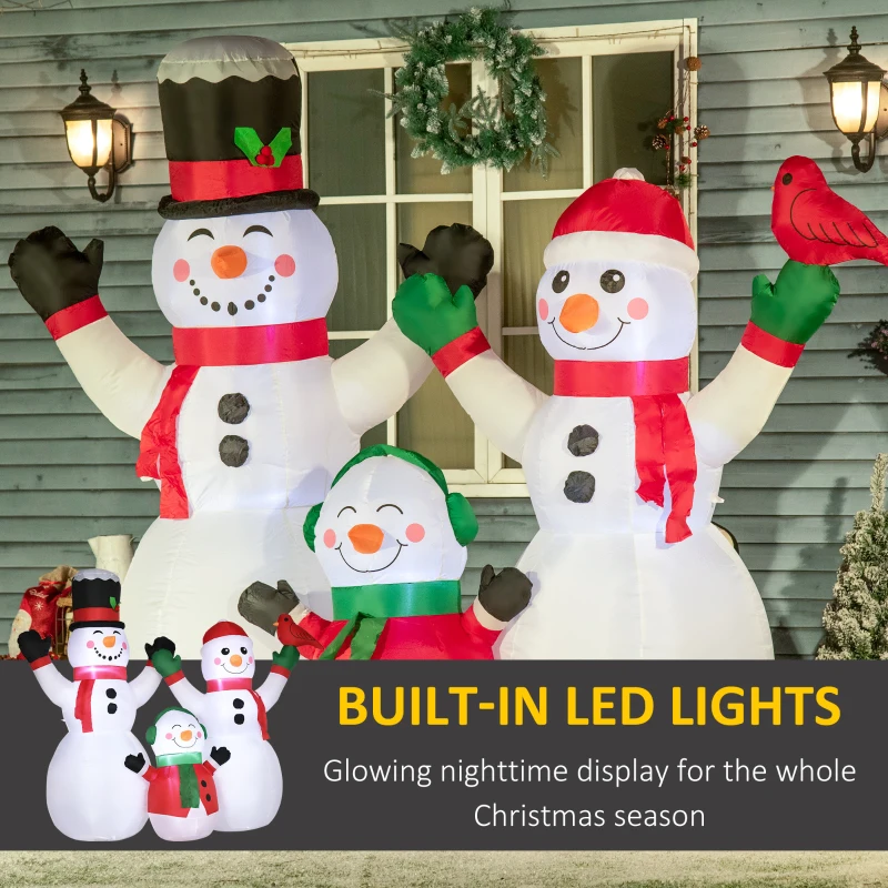 Outsunny 8ft Inflatable Christmas Snowman Family with A Red Bird, Blow-Up Outdoor LED Yard Display for Lawn Garden Party