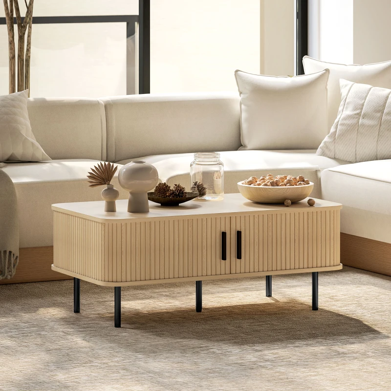 HOMCOM Coffee Table with Storage, Nordic Side Table with Fluted Tambour Sliding Doors and Steel Legs for Living Room, Oak