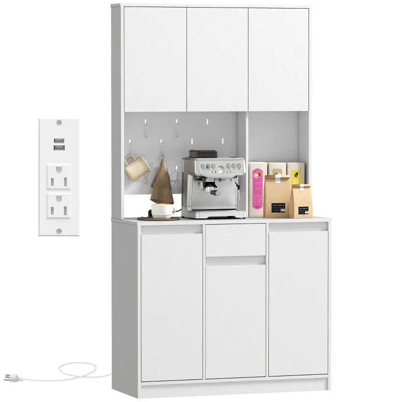 HOMCOM 71" Pantry Cabinet with Charging Station, Kitchen Storage Cabinet with Microwave Stand, Pegboard, 6 S-hooks, White