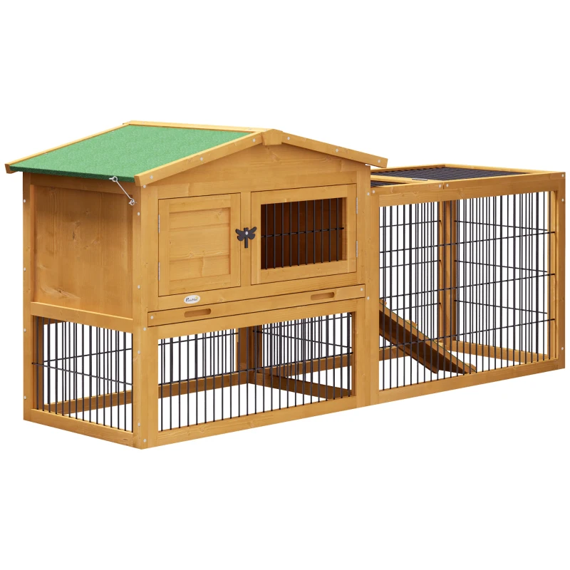 PawHut Wood Rabbit Hutch w/ Ramp, Openable Roof, Pull-out Tray, Yellow