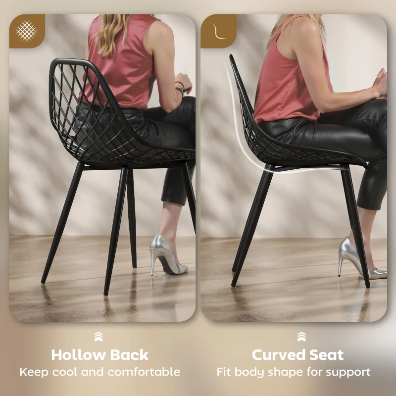 HOMCOM Modern Dining Chairs Set of 4, Plastic Kitchen Chairs with Hollow Backrest and Metal Legs for Living Dining Room, Black