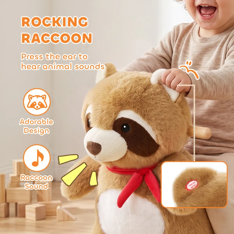 Qaba Raccoon Baby Rocking Horse, Kids Plush Ride-On Toy with Realistic Sounds and Safety Belt, Brown