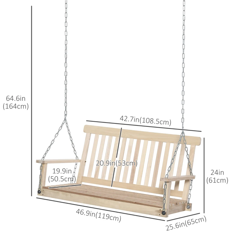 Outsunny 2 Person Wooden Porch Swing, Patio Swing Chair with Hanging Chains, Slatted Back & Seat, Outdoor Swing Bench for Garden, Backyard, Deck, Natural