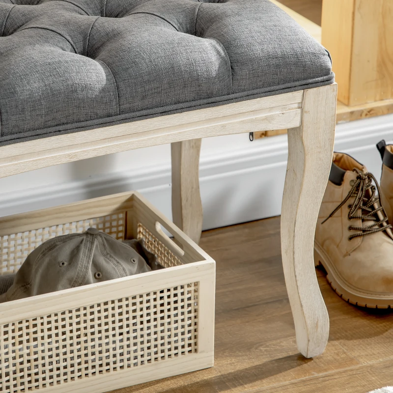 HOMCOM 43" Upholstered Entryway Bench, Linen Fabric Ottoman Stool with Button Tufted Seat, and Rubber Wood Legs for Living Room, Bedroom, or Hallway, Dark Grey