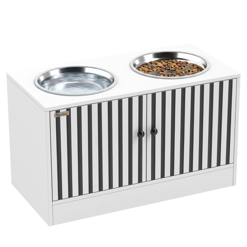 PawHut Elevated Dog Bowls with Storage Cabinet,  2 Stainless Steel Bowls, Slow Feeder, Dog Feeding Station for Large Dogs, White