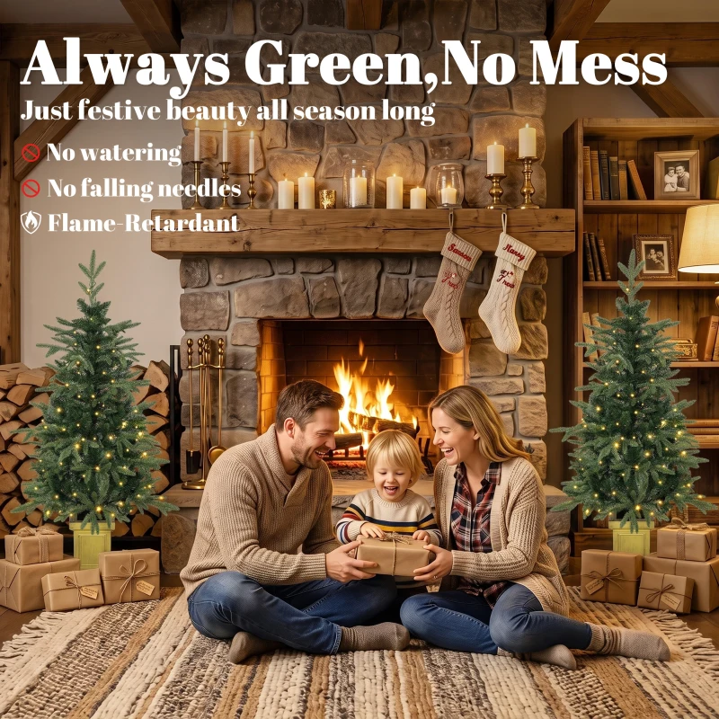 HOMCOM 4ft Prelit Christmas Tree with Dual-Color LEDs, Remote, Set of 2 Aspen Fir, Battery-Operated, 11 Modes, Decorative Pot