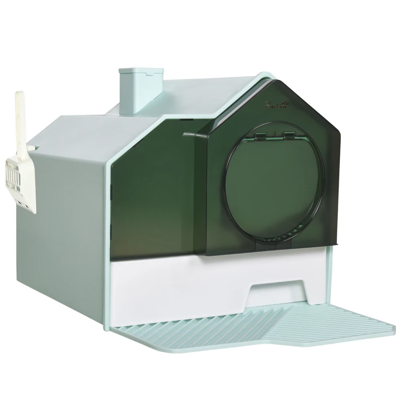 PawHut Hooded Cat Litter Box w/ Litter Mat, Litter Particle Catching, Light Blue