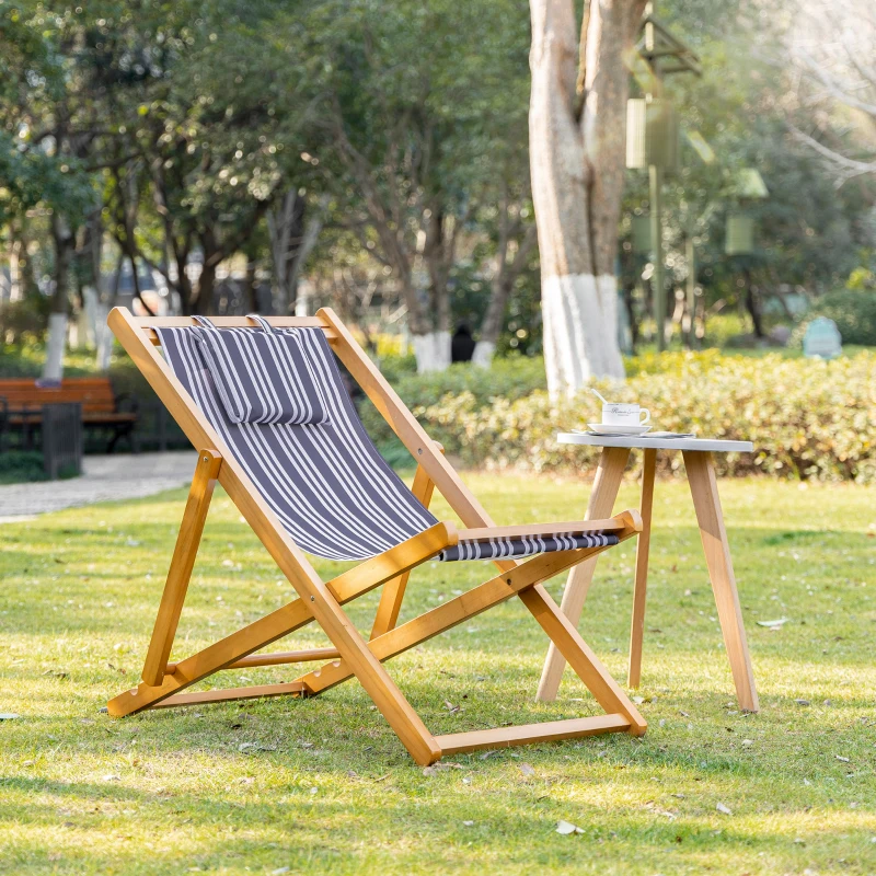Outsunny Patio Lounge Chair, Reclining Lounger, Folding Beach Chair with Adjustable Backrest for Deck, Beach and Poolside, Teak/Grey/White