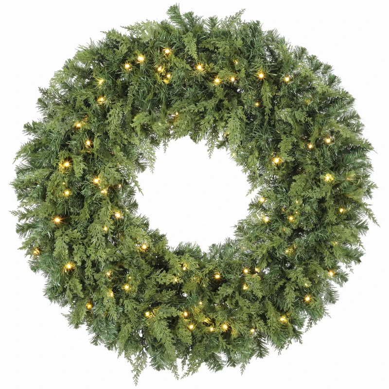 HOMCOM 48" Prelit Crestwood Spruce Artificial Christmas Wreath, Christmas Decor with Bow, LEDs, 8 Modes, Realistic Tips