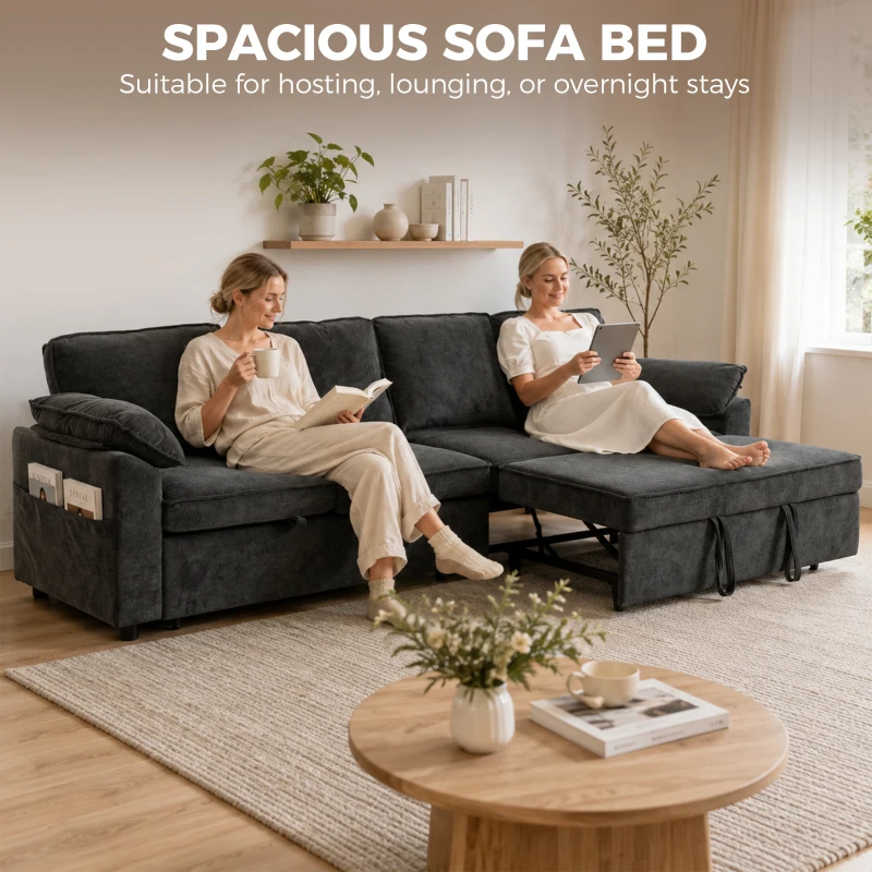 HOMCOM Sectional Sofa Bed, Double Pullout Sleeper Sofa Couch, Chenille Fabric, Dark Grey